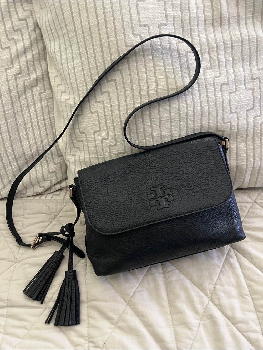 Tory Burch Thea Flap Crossbody Bag in Black with tassel